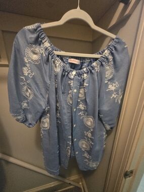 Embroidered Light Blue Button-Front Peasant Tunic